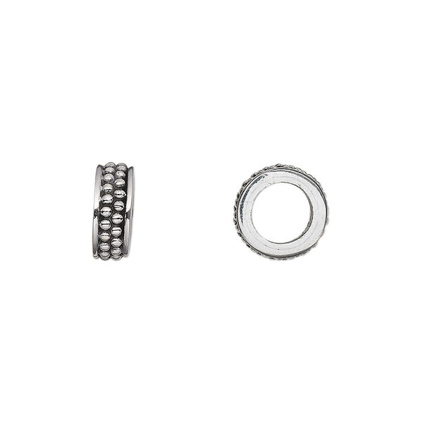 Bead, sterling silver, 10x4mm fancy beaded rondelle with large hole. Sold per pkg of 2. image number 0