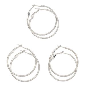 Earring, Everyday Jewelry, nickel-finished steel, 40mm hoop with textured and hammered designs, latch-back closure. Sold per pkg of 3 pairs.