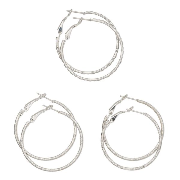 Earring, Everyday Jewelry, nickel-finished steel, 40mm hoop with textured and hammered designs, latch-back closure. Sold per pkg of 3 pairs. image number 0