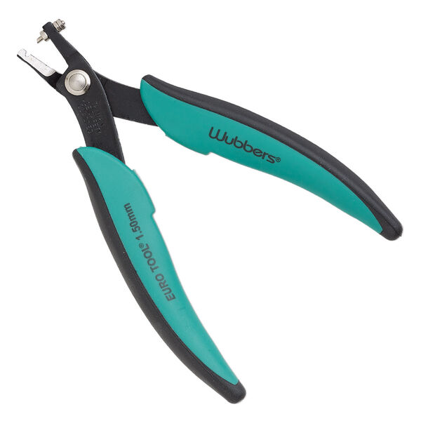 Pliers, Wubbers®, corner hole punch, rubber with carbon and tempered steel, black and green, 5.75 inches with 1.5mm round punch. image number 0