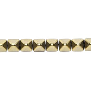 Spacer, Preciosa, Czech pressed glass, opaque bronze gold, 6x6x7mm 2-strand pyramid, fits up to 3mm bead. Sold per 8-inch strand, approximately 30 spacers.