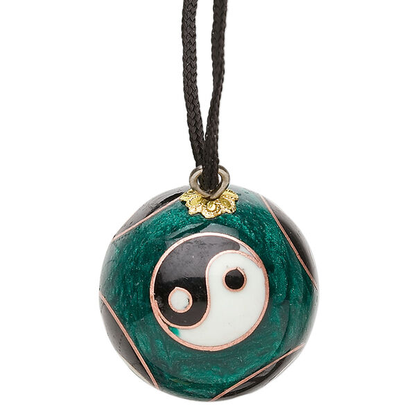 Necklace, cloisonné, nylon cord / enamel / gold-finished / silver- / copper-plated steel, green / black / white, 22mm round with yin-yang design and chime, 26-inch continuous loop. Sold individually. image number 0