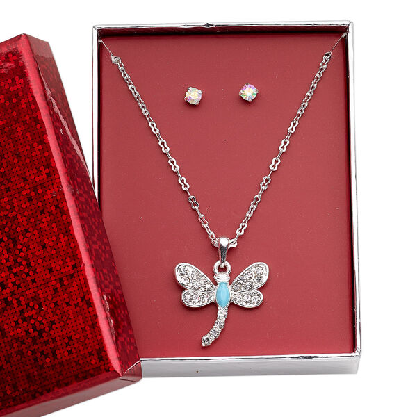 Necklace and earring set, glass rhinestone / silver-finished brass / steel / "pewter" (zinc-based alloy), clear AB / blue / clear, 25.5x24mm dragonfly, 15" to 16" necklace with 3-inch extender chain and lobster claw clasp, 4mm round with post. Sold per set. image number 0