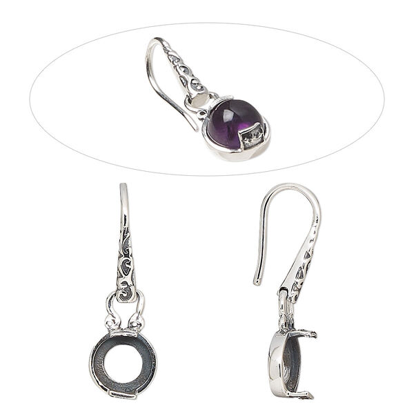 Earring, antiqued sterling silver, 25-29mm fishhook with dot and fancy design and open back with 6mm 2-prong round cabochon setting. Sold per pair. image number 0