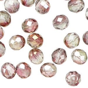 Bead 1pkg50, Czech fire-polished glass, pink and green luster, 8mm faceted round.
