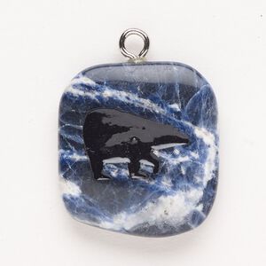 Focal, steel/sodalite (natural)/enamel, pkg/1, silver finish and black, 30x24mm-39x27mm single-sided puffed freeform with bear, B- grade.
