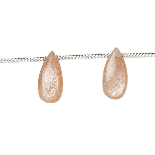 Peach moonstone 1pkg12, hand-cut side-drilled puffed teardrop bead natural B grade, 15x7mm image number 0
