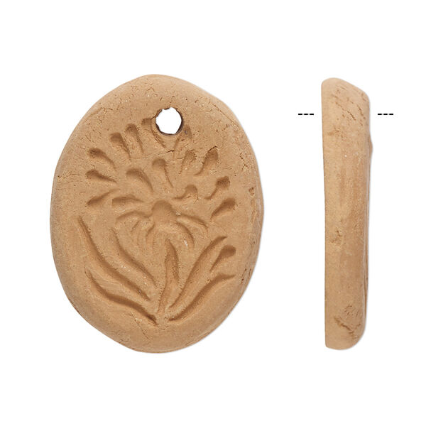 Drop, terra cotta, 28x21mm-30x23mm single-sided flat oval with flower design. Sold per pkg of 2. image number 0