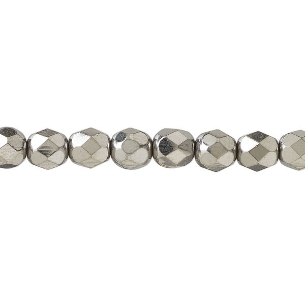 Bead, fire-polished, metallic grey glass, opaque clear, 6mm faceted round. Sold per 1 mass, approximately 1,200 beads. image number 0