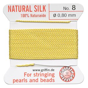 Thread, Griffin, silk, yellow, size #8. Sold per 2-meter card (approximately 78 inches).