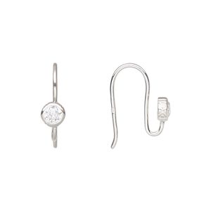 Ear wire fishhook 1pkg2 sterling silver / cubic zirconia, 16mm / 5mm round / open loop, 18 gauge clear 1 pair