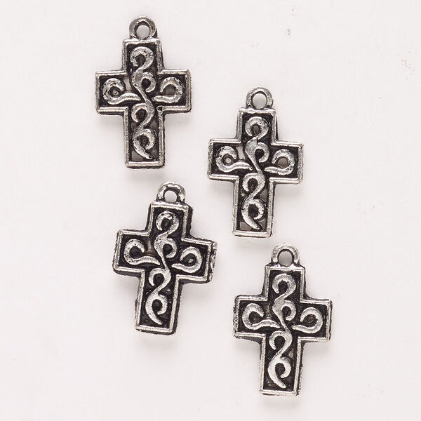 Drop, antique silver-finished "pewter" (zinc-based alloy), 17x12mm-17x15mm double-sided cross with swirls. Sold per pkg of 4. image number 0
