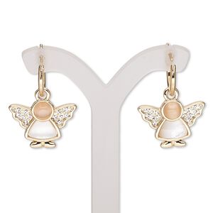 Earring, mother-of-pearl shell (bleached) / glass rhinestone / cat's eye glass / gold-finished "pewter" (zinc-based alloy), white / peach / clear, 27mm with angel and round hoop with latch-back closure. Sold per pair.