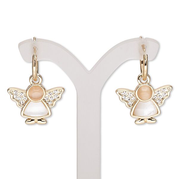 Earring, mother-of-pearl shell (bleached) / glass rhinestone / cat's eye glass / gold-finished "pewter" (zinc-based alloy), white / peach / clear, 27mm with angel and round hoop with latch-back closure. Sold per pair. image number 0