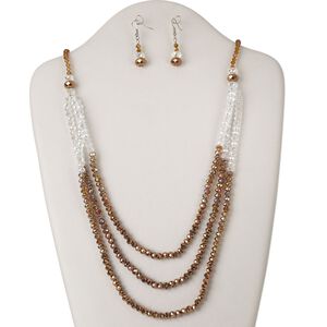 Necklace and earring set, glass and silver-finished steel, clear AB and light bronze with multi-finish, rondelle and bicone, 30-inch continuous loop, 43x10mm earrings with fishhook ear wire. Sold per set.