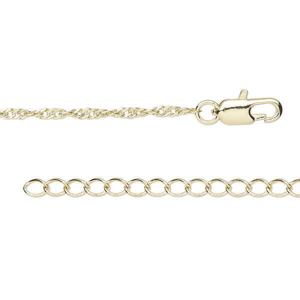 Chain, gold-finished brass, 2mm Singapore, 16 inches with 1 to 3 inches extender chain and lobster claw clasp. Sold individually. image number 0