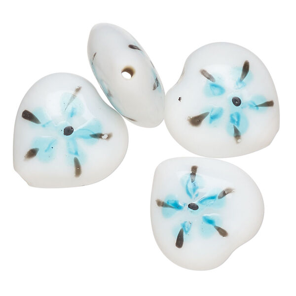 Bead, lampworked glass, opaque white / black / sky blue, 17-16mm puffed heart with double-sided painted flower design. Sold per pkg of 4. image number 0