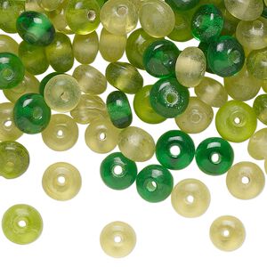 Bead mix, glass, translucent green and light green, 6x4mm-7x5mm rondelle. Sold per 2-ounce pkg, approximately 140 beads.