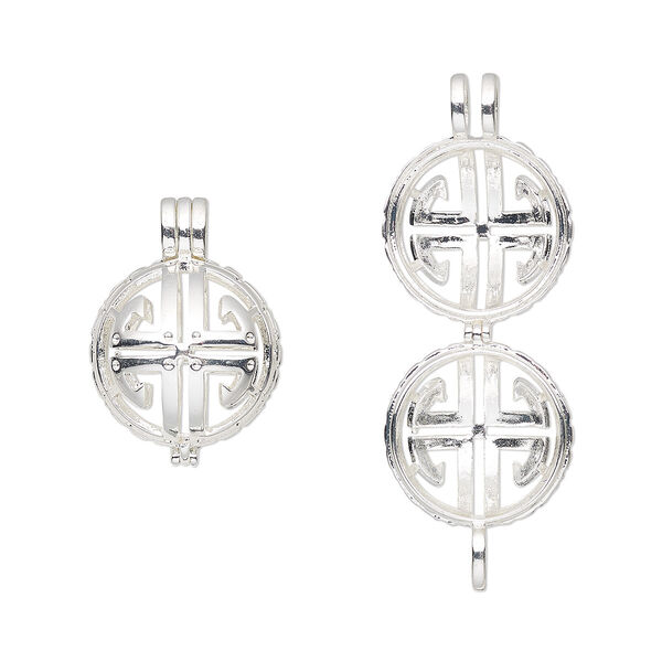 Drop, silver-finished "pewter" (zinc-based alloy), 28x21mm round bead cage with cutout design, fits up to 17mm bead. Sold individually. image number 0