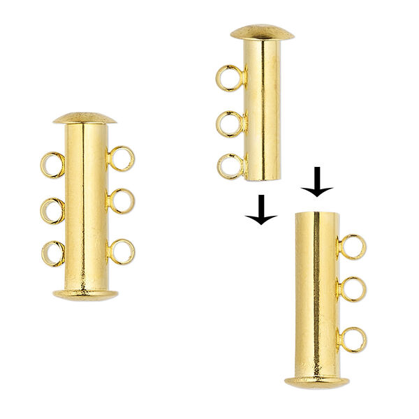 Clasp, 3-strand magnetic slide lock, gold-finished brass, 20x5mm round tube. Sold individually. image number 0