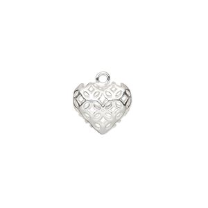 Charm, sterling silver, 12x11mm double-sided hollow filigree puffed heart. Sold individually.
