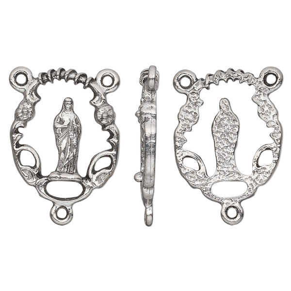 Connector, pewter (tin-based alloy), pkg/1, antiqued silver, 20x16mm open rosary oval with Virgin Mary. image number 0