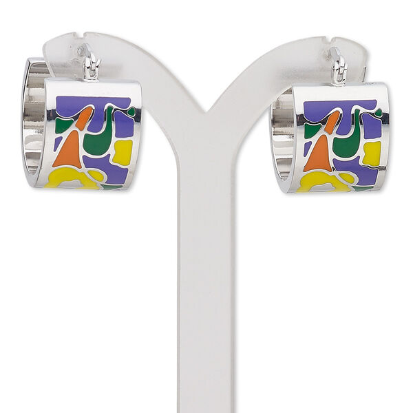Earring, Avant-Garde Jewelry Collection, enamel and stainless steel, multicolored, 22mm 3/4 round hoop with abstract design and latch-back closure. Sold per pair. image number 0