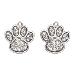 Charm, antique silver-finished "pewter" (zinc-based alloy) and glass, clear, 24x23mm single-sided paw print. Sold per pkg of 2.