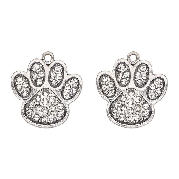 Charm, antique silver-finished "pewter" (zinc-based alloy) and glass, clear, 24x23mm single-sided paw print. Sold per pkg of 2. image number 0