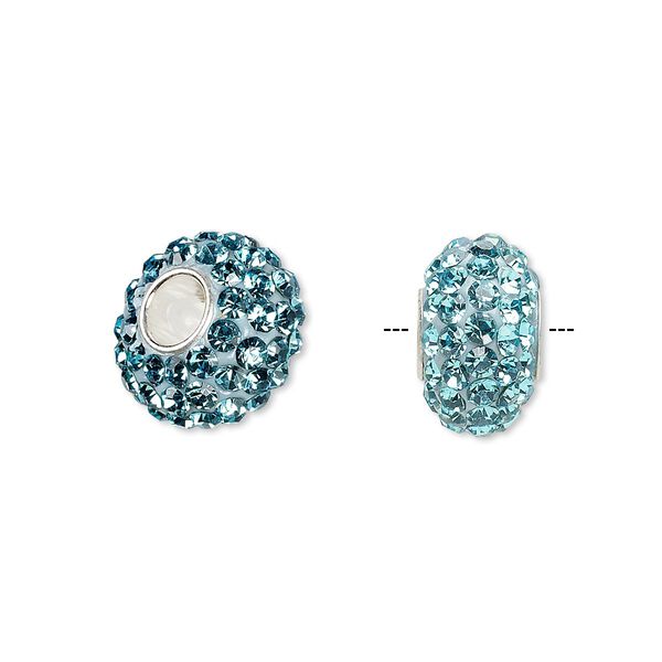 Bead, Dione®, Czech glass rhinestone / epoxy / sterling silver grommets, turquoise blue, 14x8mm rondelle. Sold individually. image number 0