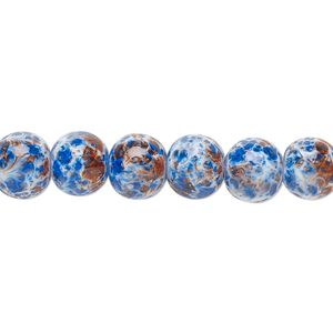 Bead, glass, opaque dark blue / light blue / purple, 7-8mm round with random spotted pattern. Sold per 15-1/2" to 16" strand.