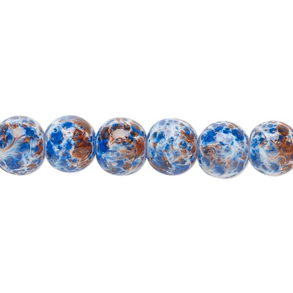 Bead, glass, opaque dark blue / light blue / purple, 7-8mm round with random spotted pattern. Sold per 15-1/2" to 16" strand. image number 0
