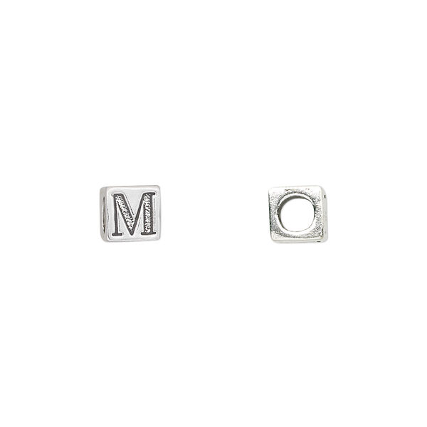 Bead, sterling silver, 5.5mm cube with alphabet letter "M." Sold individually. image number 0