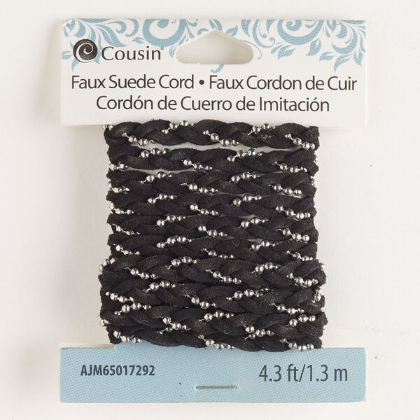 Cord, silver-finished steel and faux suede, black, 6mm braided. Sold per pkg of 1.3 meters. image number 0