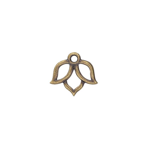 Charm, TierraCast®, "Make a Statement" collection, antique brass-plated pewter (tin-based alloy), 14x11mm double-sided open lotus with renewal theme. Sold per pkg of 4. image number 0