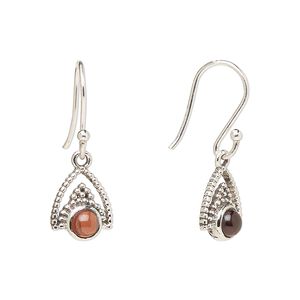 Earring, Create Compliments®, antiqued sterling silver and garnet (natural), fishhook, 24.5mm with 11x9mm single-sided beaded arrowhead, 21 gauge. Sold per pair.