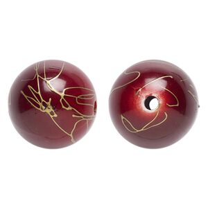 Bead, acrylic, red and gold, 26mm round with swirls. Sold per pkg of 10.