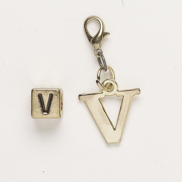 Bead and charm, brass-finished "pewter" (zinc-based alloy) / steel / enamel, black, 7mm cube with alphabet letter "V" and 15x13mm alphabet letter "V" with lobster claw clasp. Sold per pkg of 2. image number 0