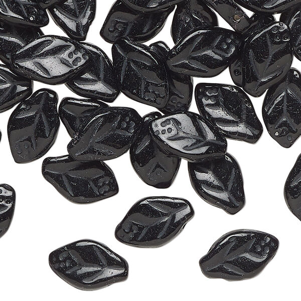 Bead, Czech pressed glass, opaque black, 12x8mm flat leaf. Sold per 1-ounce pkg, approximately 80 beads. image number 0
