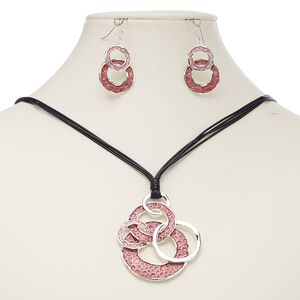 Necklace and earring set, enamel / waxed cotton cord / imitation rhodium-finished steel / brass / "pewter" (zinc-based alloy), black and pink, 54x48mm circles, 18-inch necklace with 2-inch extender chain and lobster claw clasp, 41mm earrings with fishhook ear wire. Sold per set.