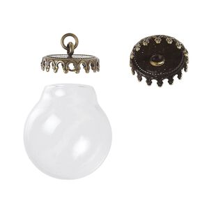Drop, Keepsafe Keeper™, glass and antique brass-plated "pewter" (zinc-based alloy), clear, 23x20mm with 21x20mm dome and 13.5x3.5mm cap with fancy edge and closed loop. Sold per 2-piece set.