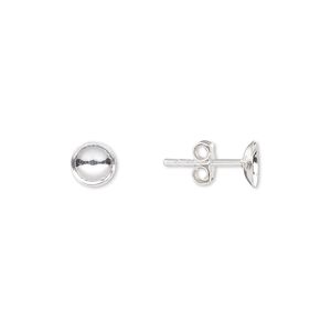 Earstud 1pkg10 sterling silver, 6mm cup / 6-8mm round glue-in setting, 5 pair