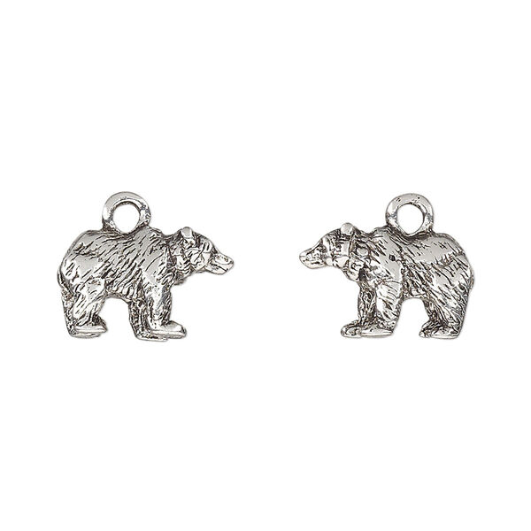 Charm, pewter (tin-based alloy), pkg/1, antique silver plate, 14.5x9mm 3D bear. image number 0