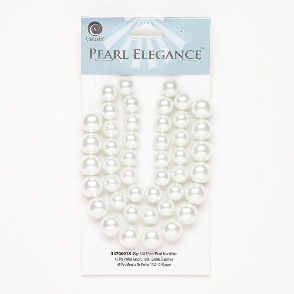 Glass pearl assortment 1pkg45, white, 10mm and 12mm round. image number 0