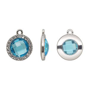 Drop, glass / glass rhinestone / imitation rhodium-finished "pewter" (zinc-based alloy), clear and transparent sapphire blue, 17mm single-sided round. Sold per pkg of 2.