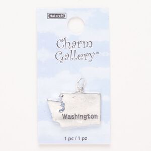 Charm, steel and enamel, pkg/1, silver finish and black, 25x17mm with "Washington."