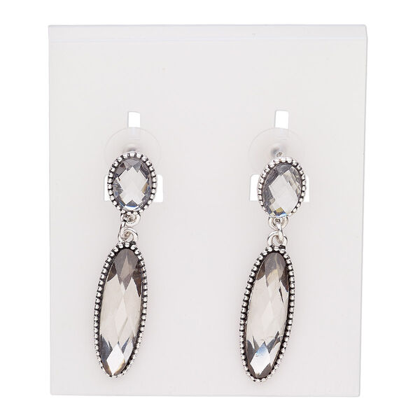Earring, glass / stainless steel / antique silver-plated "pewter" (zinc-based alloy), smoky grey, 49mm with oval and ellipse with post. Sold per pair. image number 0