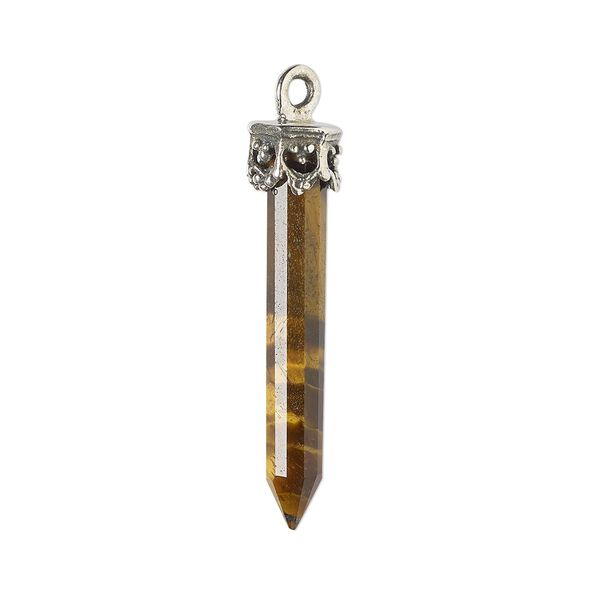 Drop, tigereye (natural) and antiqued sterling silver, 20x4mm-26x6mm hand-cut 3D faceted point. Sold individually. image number 0