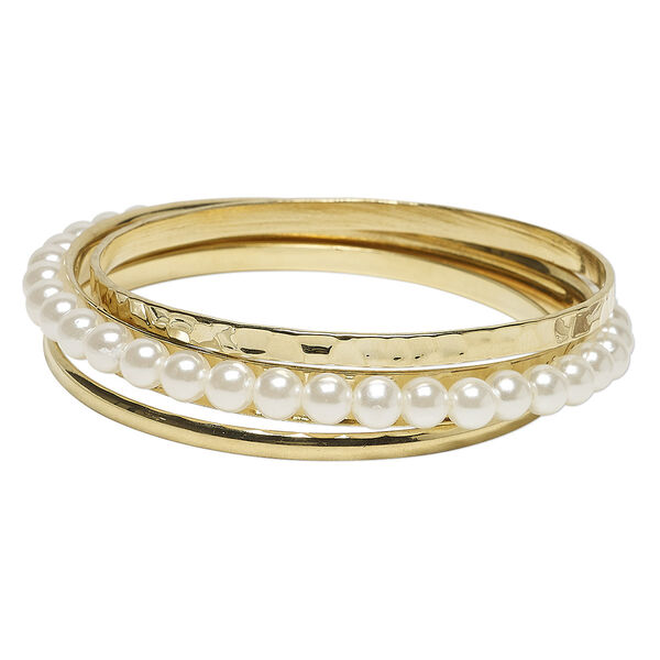 Bracelet, bangle, acrylic and gold-finished steel, clear and white, 4-8mm wide, 8-1/2 inches. Sold per 3-piece set. image number 0