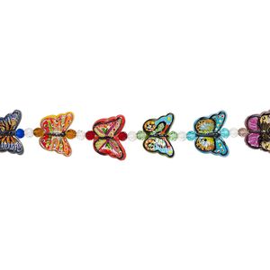 Bead, glass and lampworked glass, multicolored, 6mm faceted round and 28x20mm double-sided butterfly with hand-painted abstract design. Sold per 7-inch strand.